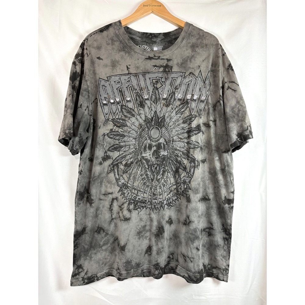 Affliction Live Fast Mens 2XL Skull Headdress Tie Dye Silver Foil Graphic Tee
